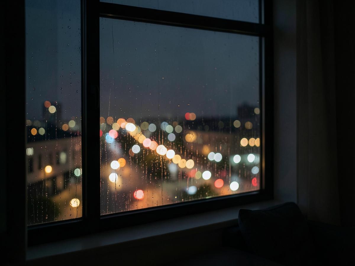 Ventana con lluvia de noche y luces de ciudad desenfocadas